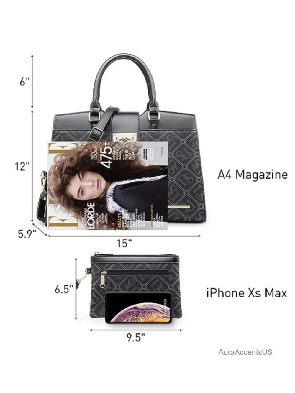 Monogram Faux Leather Satchel Purse 2-Piece Set Large Work Tote